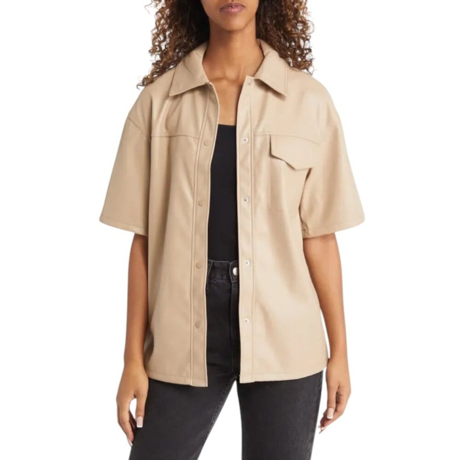 Topshop Short Sleeve Faux Leather Shirt Tan Stone Size 6 Nwot $74 Msrp